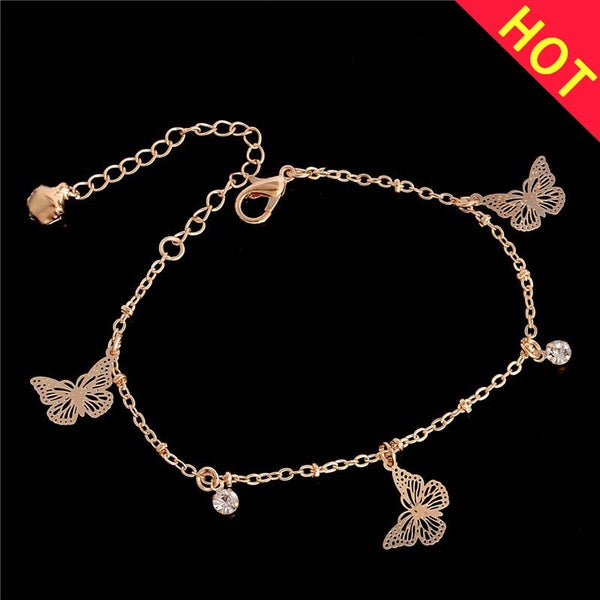 Mode femme charme sandales aux pieds nus or argent papillon bracelet cheville chaîne bijoux