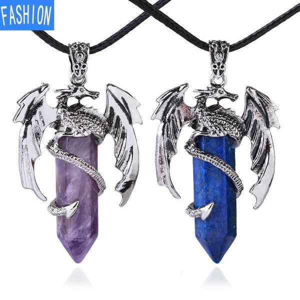 Collier pendentif Dragon pour hommes et femmes, cristal de guérison Cool, améthyste, collier en Quartz Rose naturel, bijoux Dragon occidental