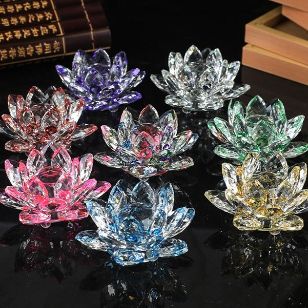 8 Color Lotus Crystal Glass Holder Buddhist Candle Holder Figure Paperweight Ornament Feng Shui Decor Collection