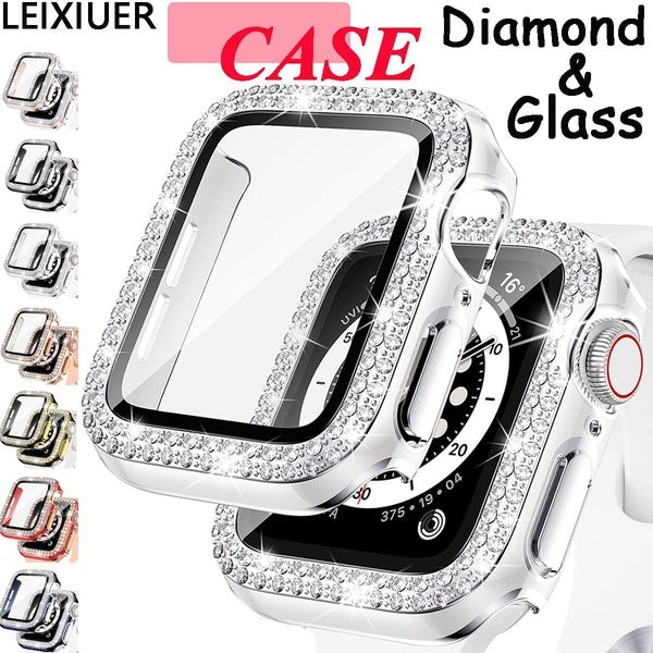 LEIXIUER Diamond case with tempered glass for Apple Watch series 9 8 7 41mm 45mm 6 SE 40mm 44mm 38mm 42mm for iWatch Accessories cover +Screen Protec Matron Inn