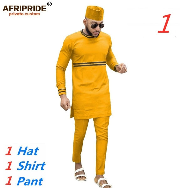 African Men Simple Style Clothing Outfits Traditional Outwear Shirt+pant +hat 3 Piece Mens Set Pocket