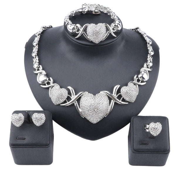 Fashion Crystal Heart Necklace Earrings Bracelet Ring For Women Bridal Wedding Party Accessories Jewelry Set Matron Inn