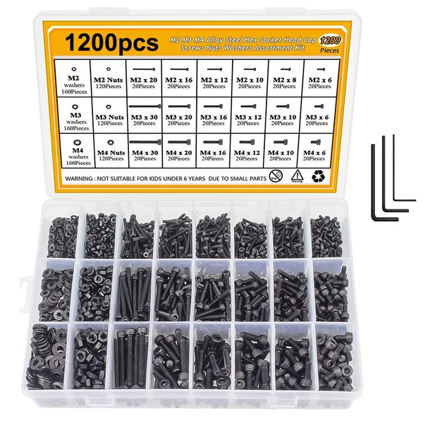1200pcs Carbon Steel Screws Nuts and Washers Set,Black M2 M3 M4 Hex Socket Head Cap Bolts Screws Nuts Washers Assortment Kit with Allen Wrenches