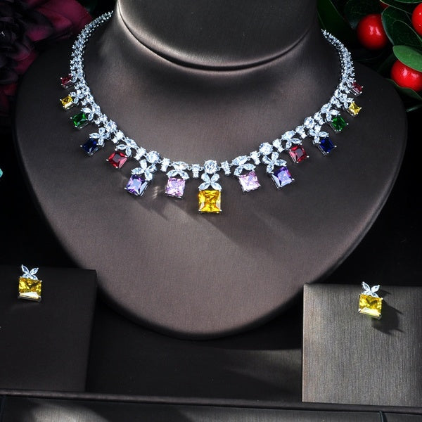 Gloriya Luxury Square Purple Pink Yellow Crystal Choker Necklace Stud Earrings Exquisite CZ Jewelry Set for Women Engagement Wedding Accessories