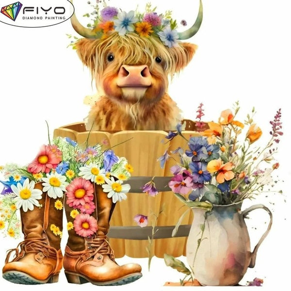 FIYO DIY 5D Highland Cow Diamond Painting Full Drill with Number Kits Home and Kitchen Fashion Mosaic Diamond Painting Canvas Wall Decoration Gift Cr
