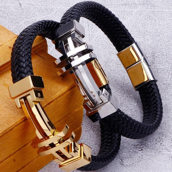 11MM Braided Leather Man Bracelet For Men Gold Plated Stainless Steel Men's Charm Cross Bracelets Handmade Hand Bands Jewellery