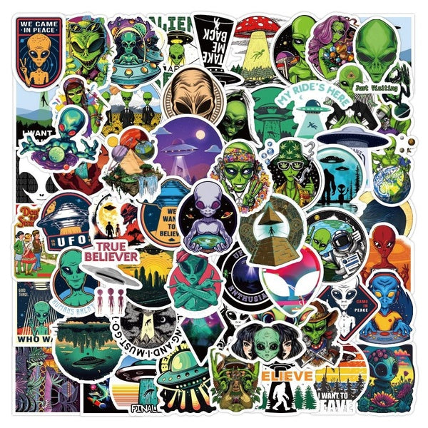 10-62pcs Cartoon Alien Stickers Cool Alien UFO graffiti Stickers for DIY Luggage Laptop Skateboard Motorcycle Bicycle Sticker