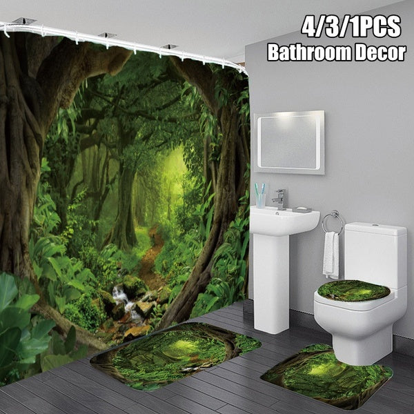 3D Green Forest Tree Shower Curtain Set with Rugs Misty Rain Forest Print Bath Mat Toilet Seat Cover Rug Scenic Bathroom Decor Set 1-3-4 Pcs