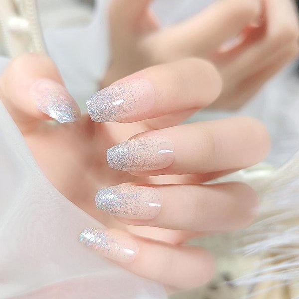 24pcs French Ballerina Coffin False Nails Glitter Pink Nude Gradient Natural Press on Fake Nails Tips for Women and Girls DIY Manicure Nail Art