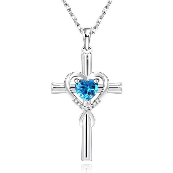 Charming Infinity Heart Aquamarine Pendant Cross Necklace for Women Romantic Wedding Gemstone Necklace