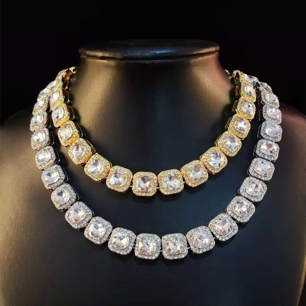 Hip Hop Diamonds 12mm Width Thick Chain Necklace Bracelet Square Chain Iced Out Bling Choker Necklaces for Men Women Fashion Jewelry