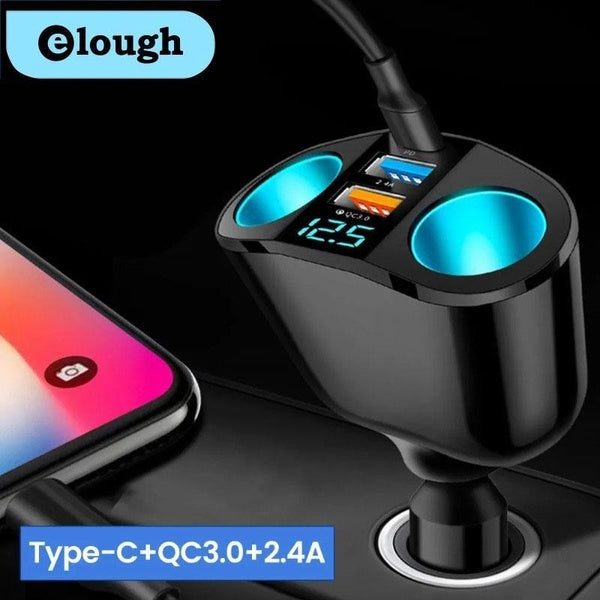 Elough 66W USB Type C Car Charger QC3.0 Fast Charging for iPhone Dual Car Socket LED Digital Display USB C Chargers
