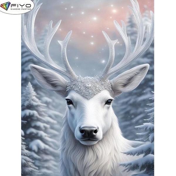 FIYO DIY 5D White Deer Diamond Painting Full Drill with Number Kits Home and Kitchen Fashion Mosaic Diamond Painting Canvas Wall Decoration Gift Craf