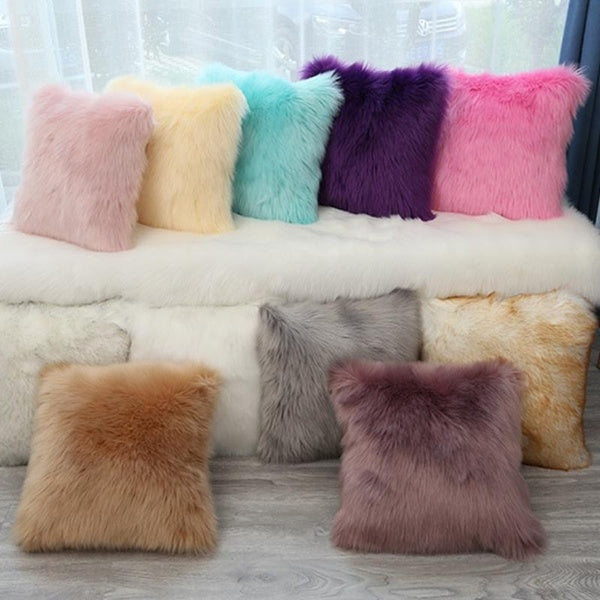 Faux Fur Soft Soild Decorative Pillowcase Fluffy Throw Pillow Cover Velvet Shaggy Plush Cushion Case Zipper Closure(18X18 Inches, 12Colors)