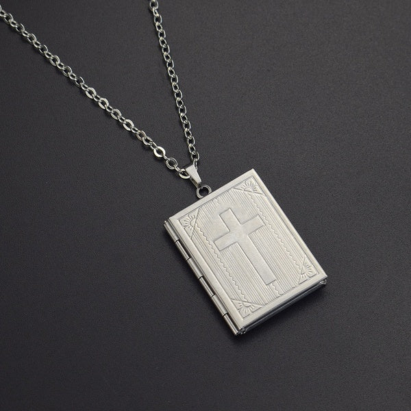 Bible Book Pendant Necklace Christian Cross Engraved Pendant Silver Chain Necklace Faith Jewelry