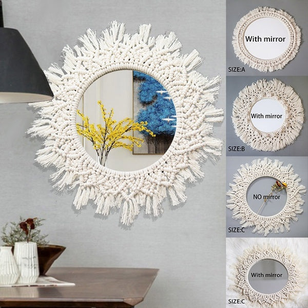 Macrame Tapestry Mirror Wall Hanging Decorative Mirror Home Art Wall Decorations Boho Round Mirror