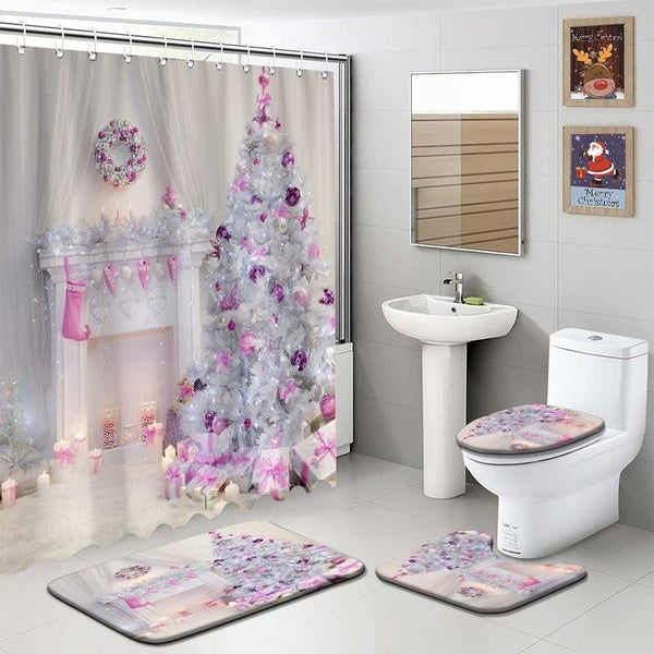 1-4 Pcs Santa Christmas Shower Curtain 72 X 72 In Winter Party Christmas Bathroom Curtain With 12 Hooks Non Slip Rug Toilet Lid Cover And Bath Waterp