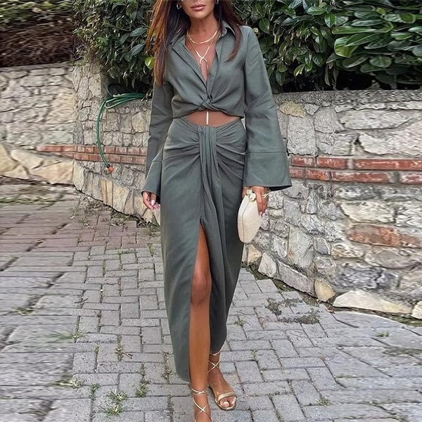 Vintage Office Lady Solid Women Suits Long Sleeve Bow Shirts Tops+Side Split Pleated Skirts Fashion Suits