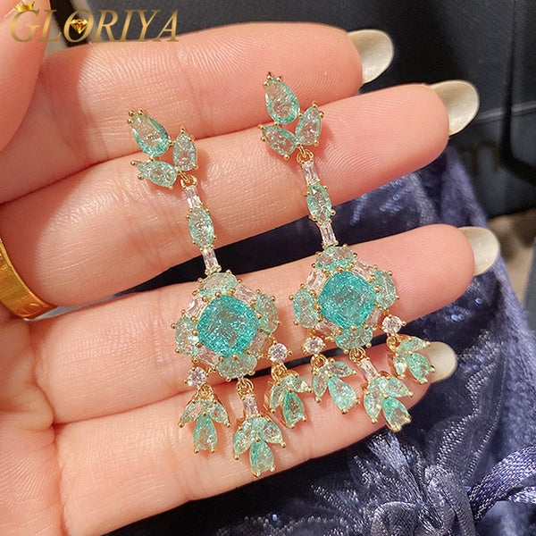 Gloriya Ethnique Long Lustre Gland Boucles D'oreilles Pendantes Éblouissant Vert Clair Cubique Zircone Pierre Plaqué Or Femmes Ins Bijoux