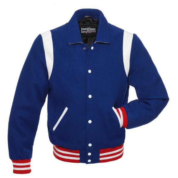 Royal Blue Retro Varsity Jacket Wool Letterman University Jacket Vestes d'entraîneur de baseball avec côtes en cuir blanc