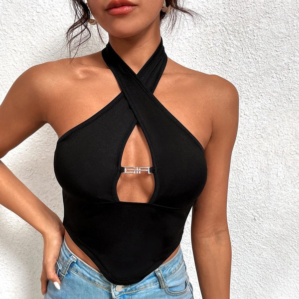 Summer Fashion Front Hollow Out Vest Tank Tops Halter Sleeveless Crop Tops for Women