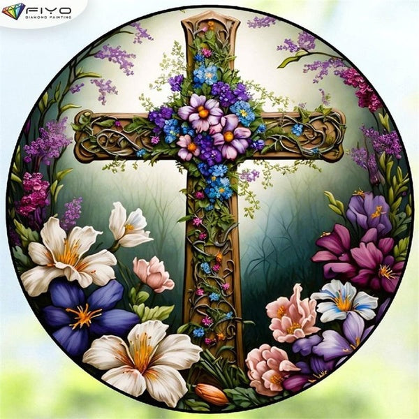 FIYO Flowers and Crosses DIY 5D Diamond Painting Full Drill with Number Kits Home and Kitchen Fashion Mosaic Diamond Painting Canvas Wall Decoration