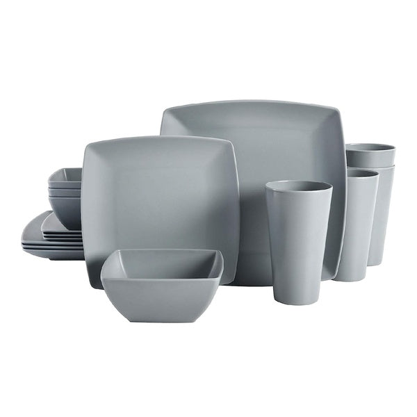 Gibson Home 16 Piece Square Melamine Dinnerware Set Plates, Bowls, and Cups, Grey