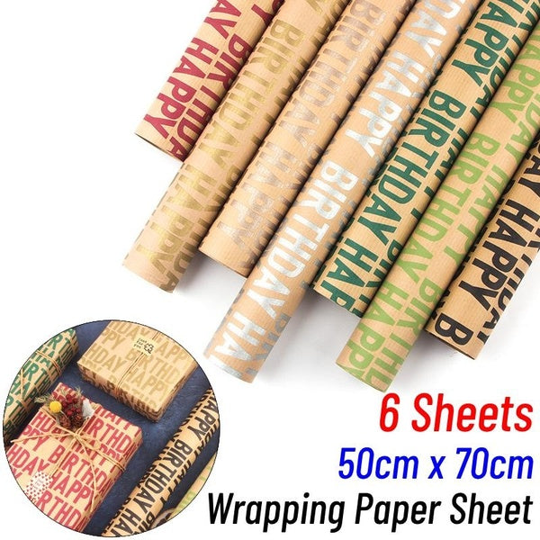 6 Sheets Wrapping Paper Sheets Happy Birthday Wrapping Paper Kraft Gift Wrap Paper for Kids Boys Girls Birthday Occasions