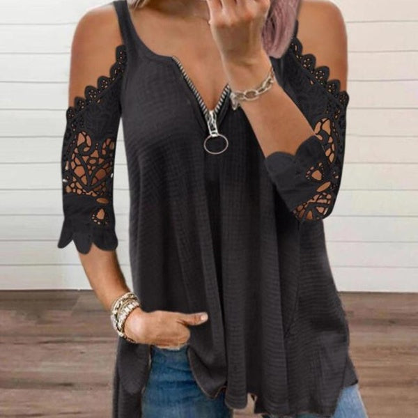 Summer Clothes Women's Casual Off Shoulder Tops Deep V-neck Short Sleeved Shirts Hollow Lace Zipper Tops Ladies T-shirt Loose Cotton Blouses