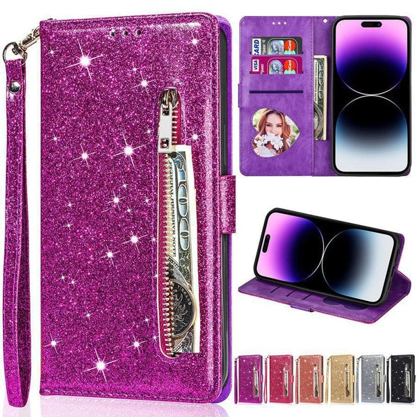 Wallet Glitter Zipper Bracket With Card Slot Flip Leather Case For iPhone 14 Pro Max 13 Pro Max 12 Pro Max 11 X XR XS Max 8 7 Plus For Samsung Galaxy