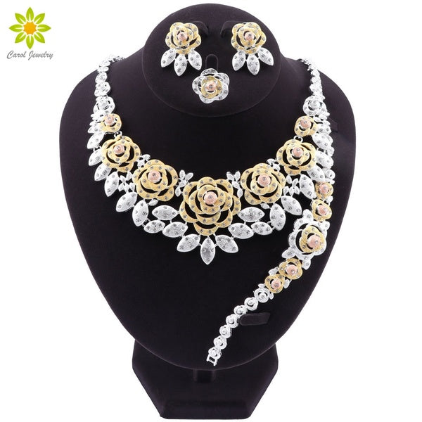 NOUVEAU Dubaï ensembles de bijoux de mariée pour les femmes collier en or boucles d'oreilles Bracelet anneau mode charme mariage africain Nigeria ens