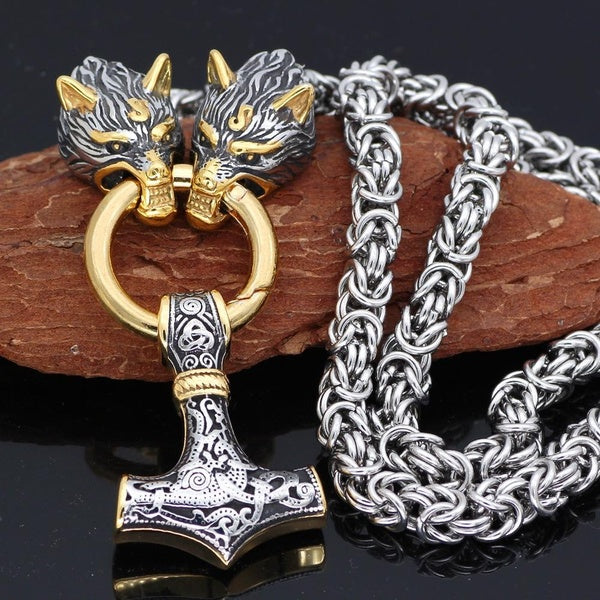 Nouveau haute qualité rétro nordique hommes en acier inoxydable Viking tête de loup chaîne en acier et marteau de Thor Mjolnir pendentif collier Viki