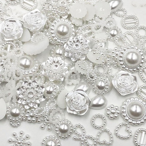 100pcs white ABS Resin Half Round flower Bow Alien Pearls For Art Flatback Non Hotfix Rhinestones Pearl Shoes Beads DIY Phone