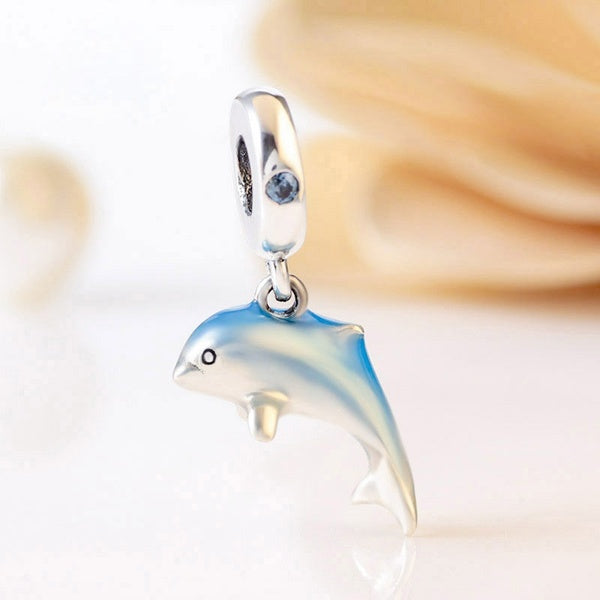 100% solide en argent sterling 925 scintillant dauphin Dangle charme perle convient aux bracelets et colliers à breloques pour bijoux européens