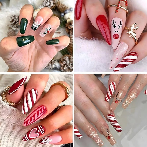 Love Heart Snowflake Christmas Wearable False Nail White Snowflake Red Rhinestone Dark Green Acrylic Artificial Nail Pink Elk Press On Nails Detachab