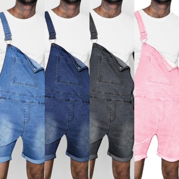 Men's Summer Solid Color Single Pocket Suspenders Denim Shorts Jumpsuit Men's Fashion Casual Street Denim Suspender Jumpsuit