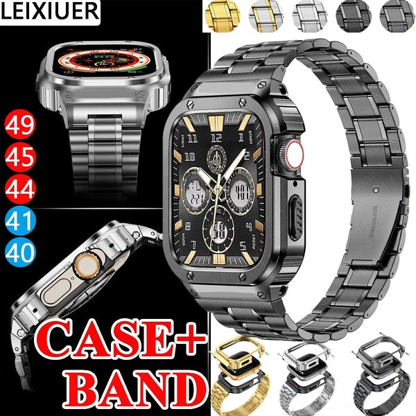LEIXIUER Luxury Stainless Steel Case with Band (+Packing Box+tool) for Smart Watch Ultra 49mm 8 7 SE 6 45mm 41mm 44mm 40mm for Smartwatch Series 4 5