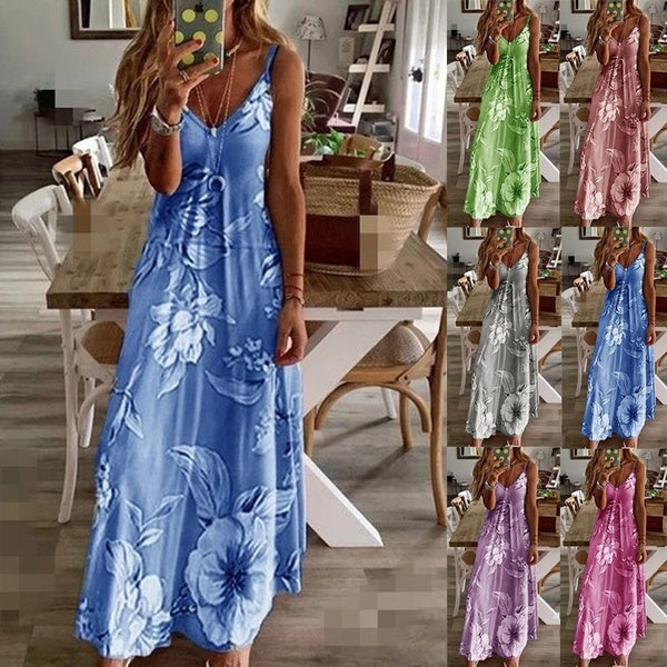 Plus Size Summer Fashion Women Sleeveless V-Neck Spaghetti Strap Dress Casual Boho Floral Maxi Dress Tank Dress Long Slip Dresses
