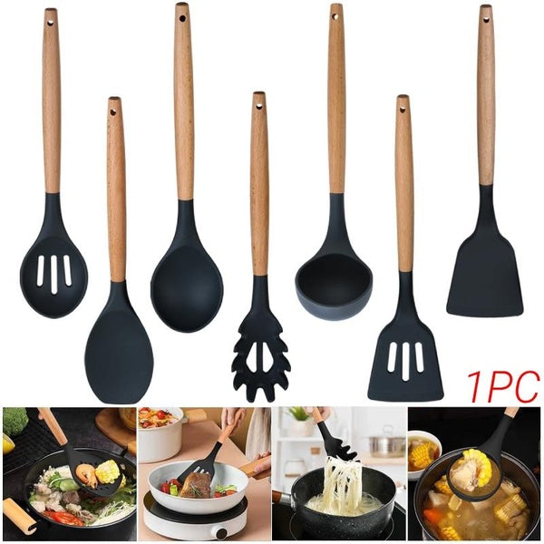 1pc Kitchen Utensils Wooden Handle Silicone Spatula Soup Spoon Brush Ladle Pasta Colander Non-stick Cookware Kitchen Tools