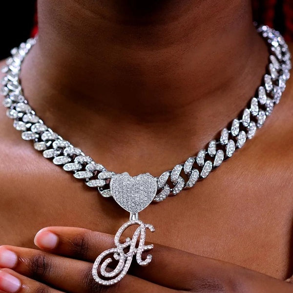 Luxury Iced Out Cuban Choker Cursive Letters Pendant Necklace for Men WomenInitial Name Zircon Chain Necklace Hip Hop Jewelry
