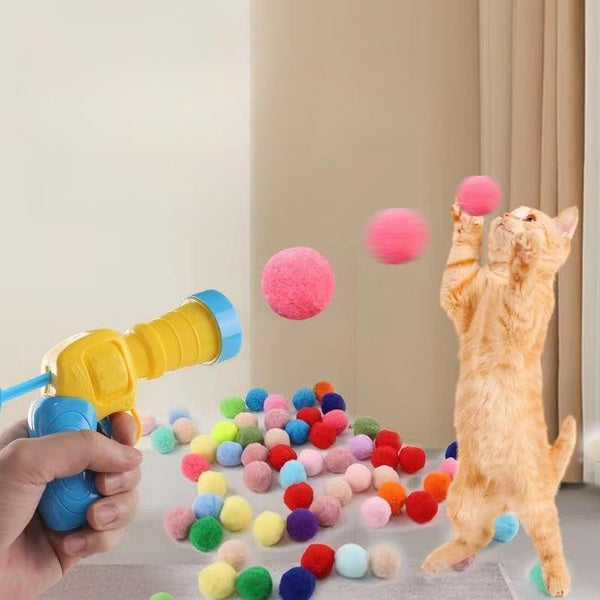 10pcs balls+1 shooter Creative Interactive Launch Training Cat Toys Kittens Mini Pompoms Games Stretch Plush Ball Toys Cat Supplies Pet Accessories