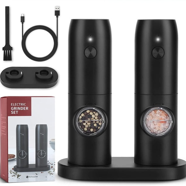 2pcs set Electric Salt and Pepper Grinder Set, Rechargeable Automatic Pepper Mill Set, Dual Charging Base, 1 Hand Operation, USB Cables, Refillable,
