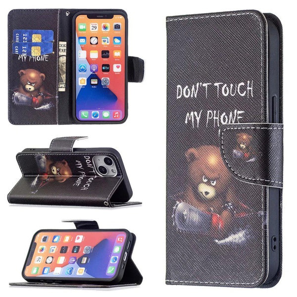 Étui de téléphone à motif d'ours en cuir Style portefeuille à rabat avec porte-carte Protection étui de téléphone portable étui pour iPhone 14 14Pro