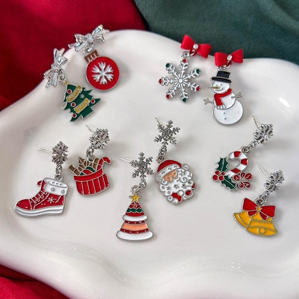1 paire de boucles d'oreilles pendantes asymétriques de Noël pour femmes, mignon Père Noël, bonhomme de neige, flocons de neige, boucles d'oreilles p