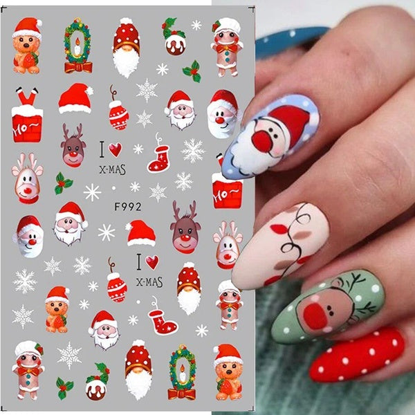 3D Christmas Nail Stickers Winter Red Gonk Cartoon Santa Claus Elk Gingerbread Design Adhesive Slider Snowman Manicure Foil Tips