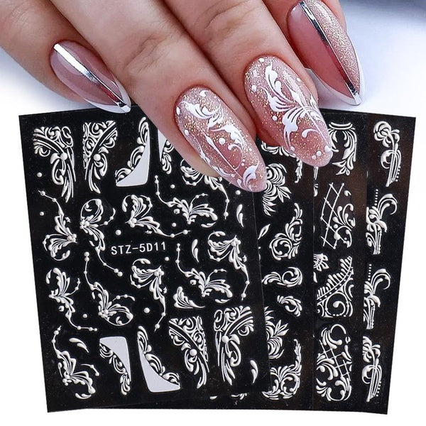 5D Acrylic White Wedding Nail Design Embossed Flower Lace Nail Stickers Decals French Manicure Decor Winter Sliders CHSTZ5D09-16