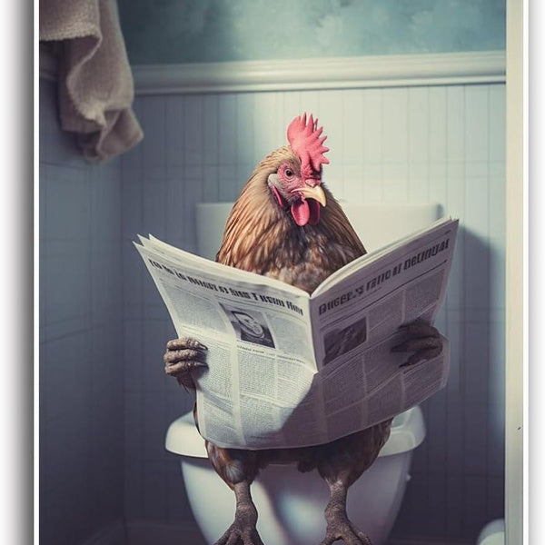Canvas Wall Art Rooster Sitting on Toilet Reading Newspaper Funny Toilet Animal Poster Print Bathroom Wall Decor Unique Funny Gift Modern Home Decor