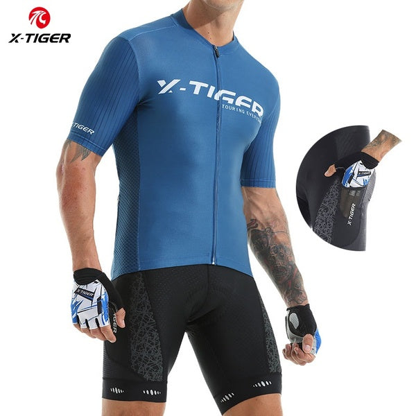 X-TIGER Men Cycling Jersey Set Bib Shorts Set Summer Mountain Bike Bicycle Suit Anti-UV Bicycle Clothes