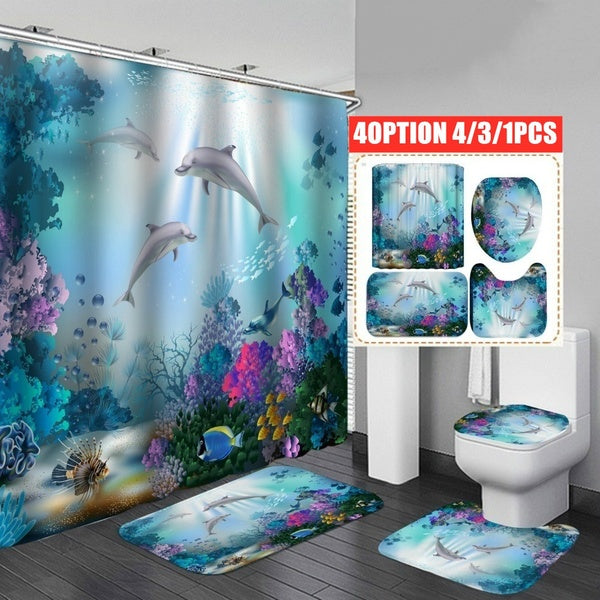4-3-1pcs Sea Style Dolphin Waterproof Shower Curtain with 12 Hooks Bathroom Shower Curtain Set Toilet Cover Mat Lid Rug Household Supplies Bathroom N