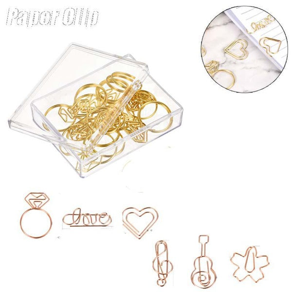 20pcs Cute Gold-Rose Gold Metal Paper Clips Hollow Bookmark Document Receipt Paperclips Office Learning Clip
